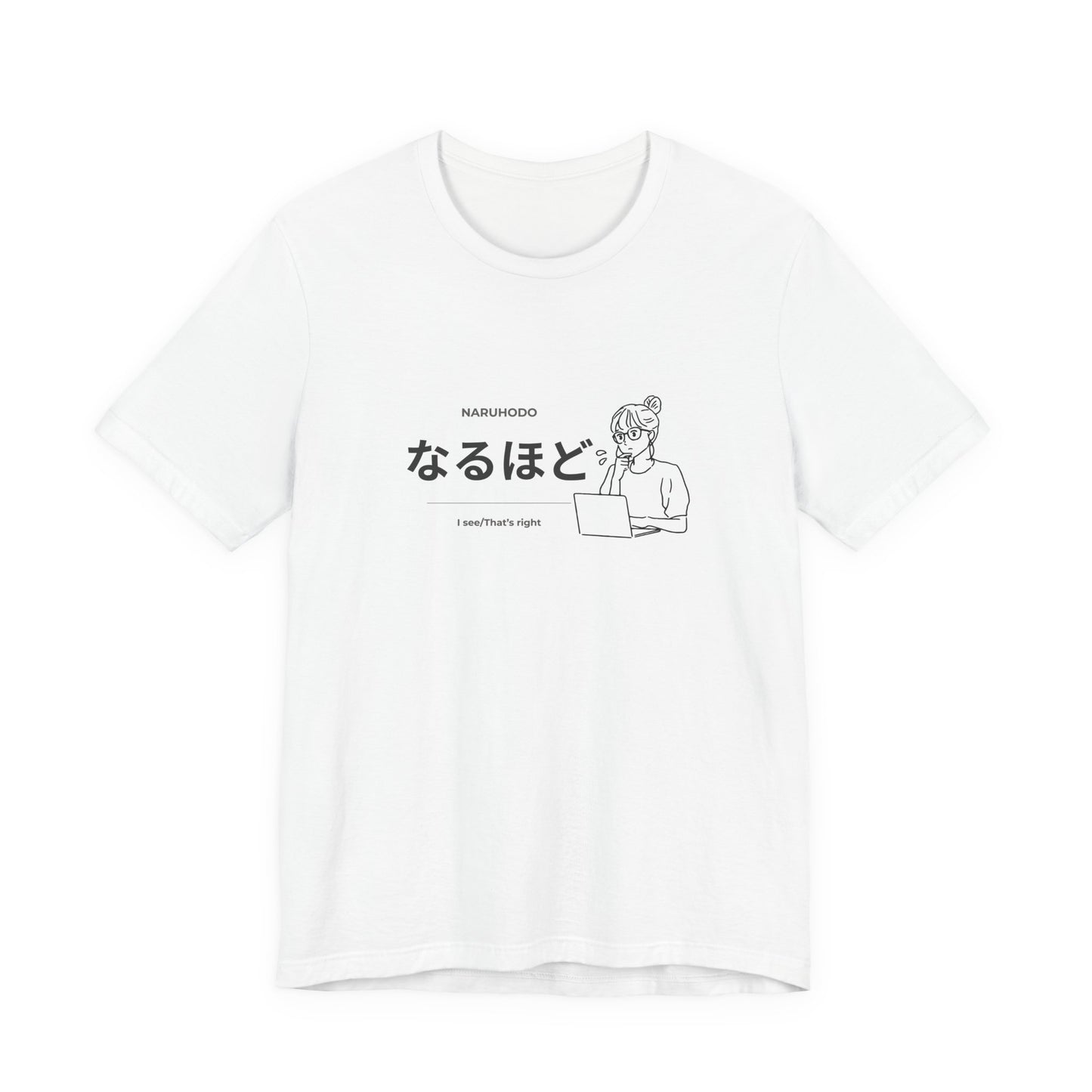 Kawaii Japanese learner tee with なるほど design and illustrated girl at laptop — Benkyo Club