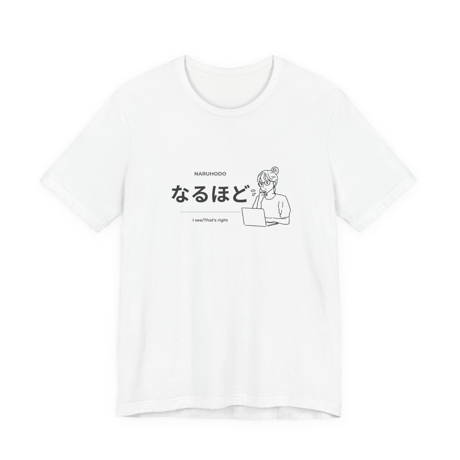 Kawaii Japanese learner tee with なるほど design and illustrated girl at laptop — Benkyo Club