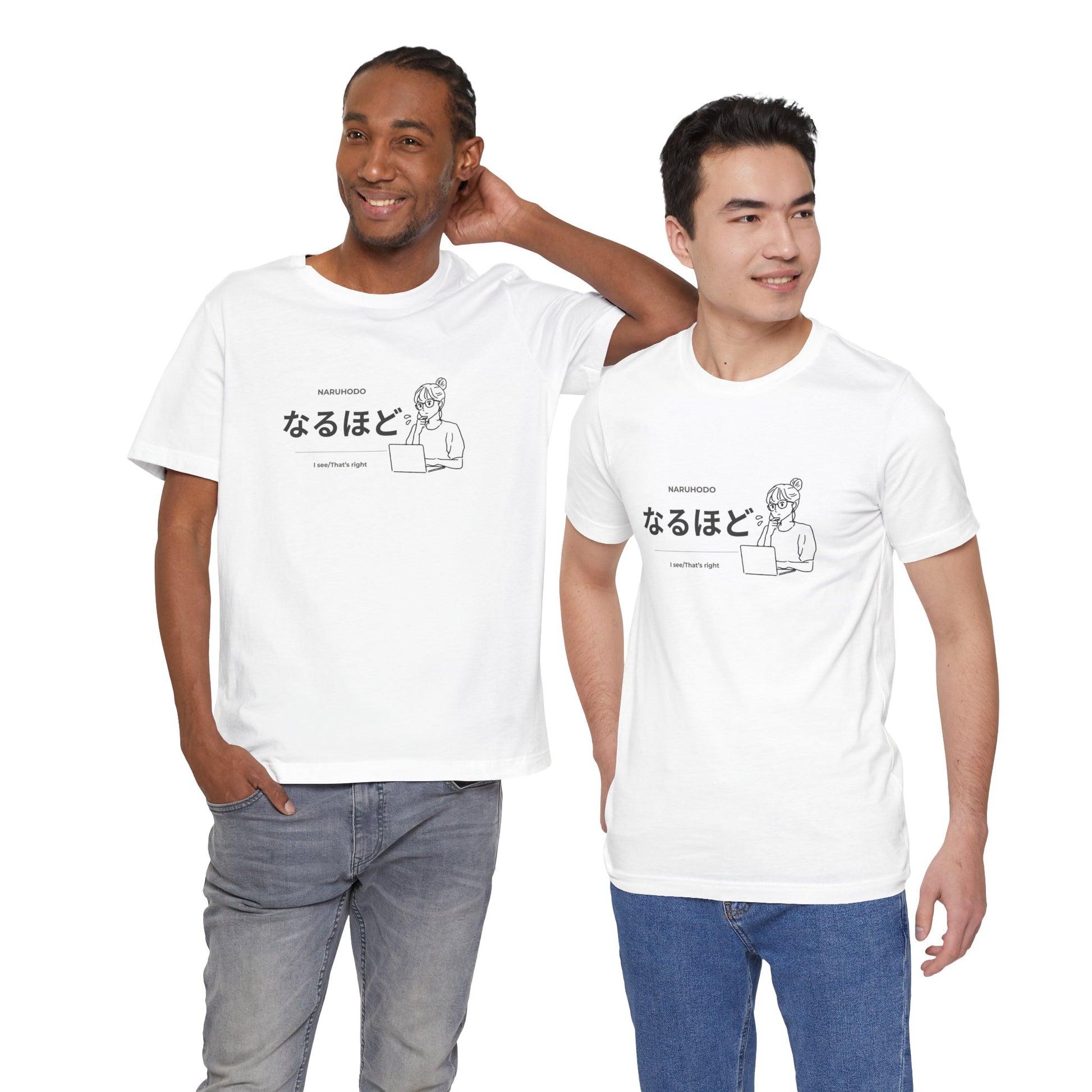 Kawaii Japanese learner tee with なるほど design and illustrated girl at laptop — Benkyo Club