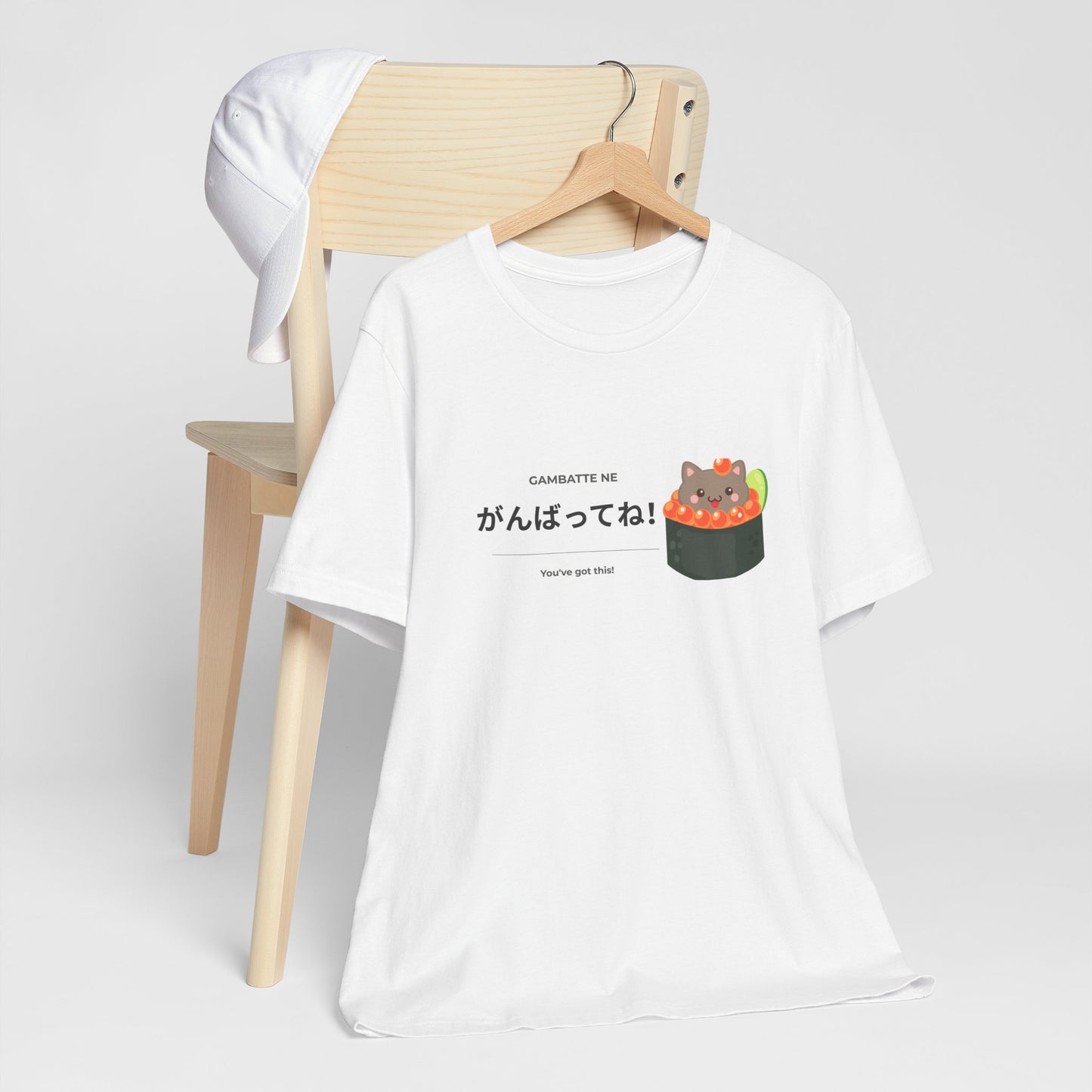 Kawaii Japanese cat sushi tee with がんばってね design — Japanese learner gift — Benkyo Club