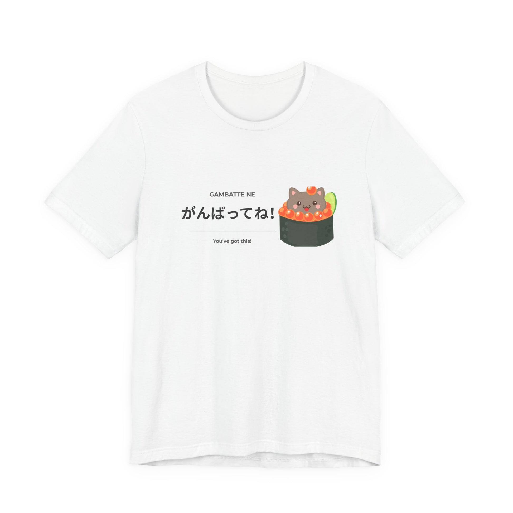Kawaii Japanese cat sushi tee with がんばってね design — Japanese learner gift — Benkyo Club