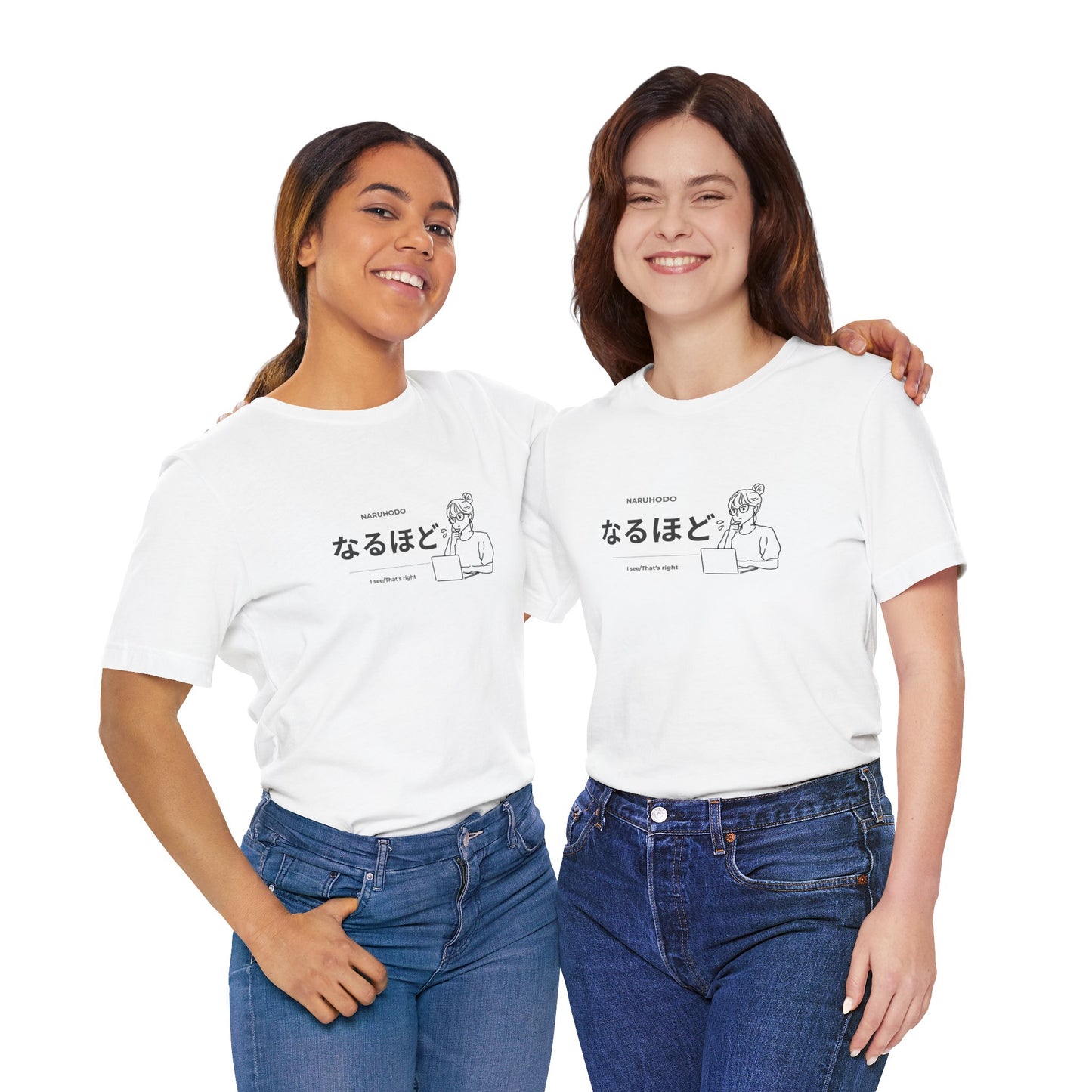 Kawaii Japanese learner tee with なるほど design and illustrated girl at laptop — Benkyo Club