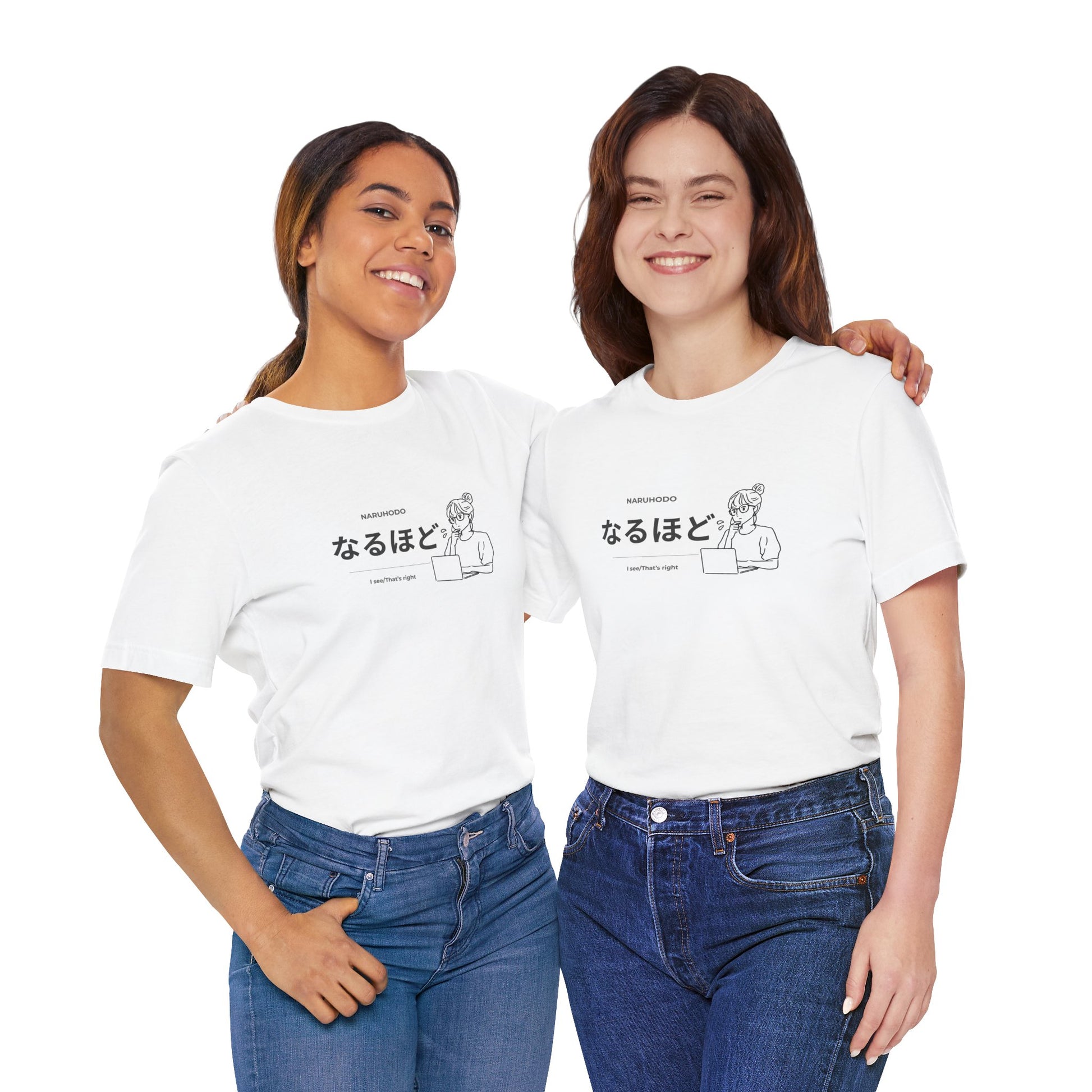 Kawaii Japanese learner tee with なるほど design and illustrated girl at laptop — Benkyo Club