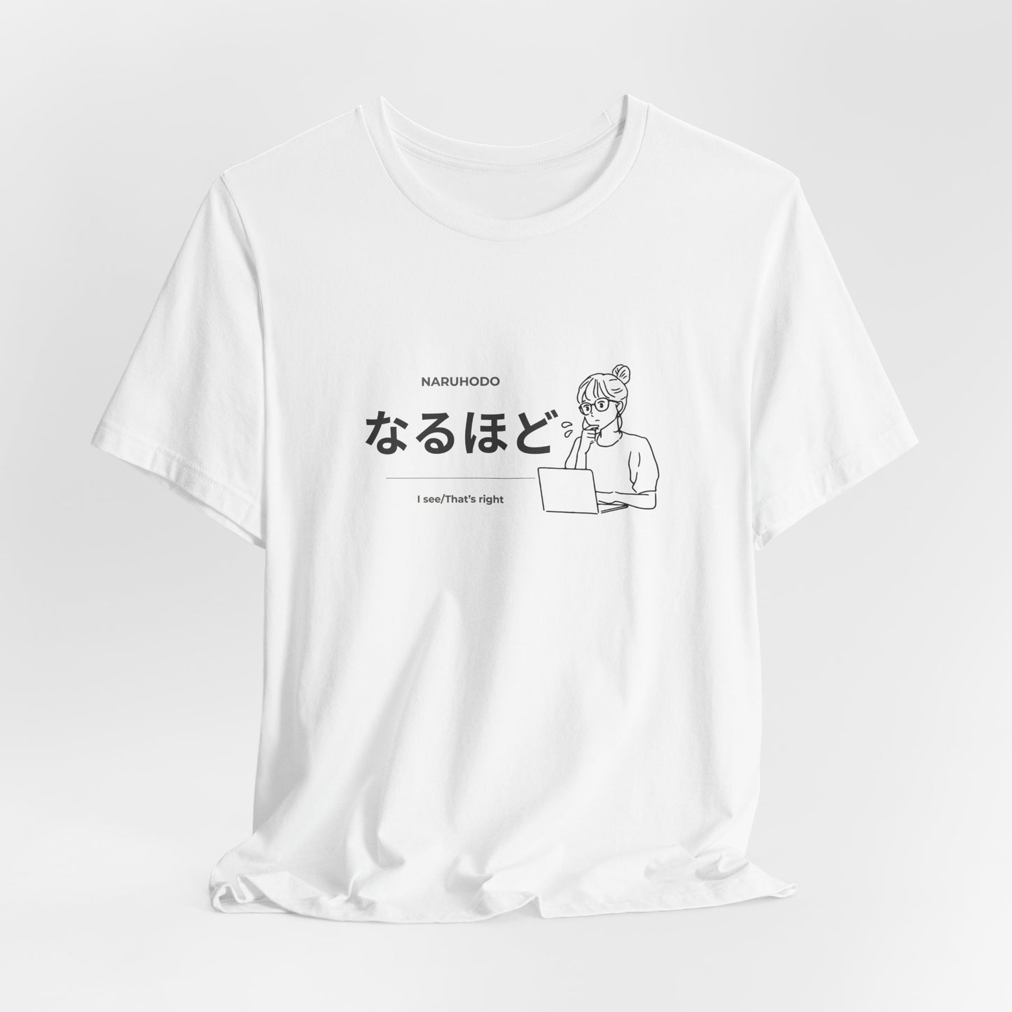 Kawaii Japanese learner tee with なるほど design and illustrated girl at laptop — Benkyo Club