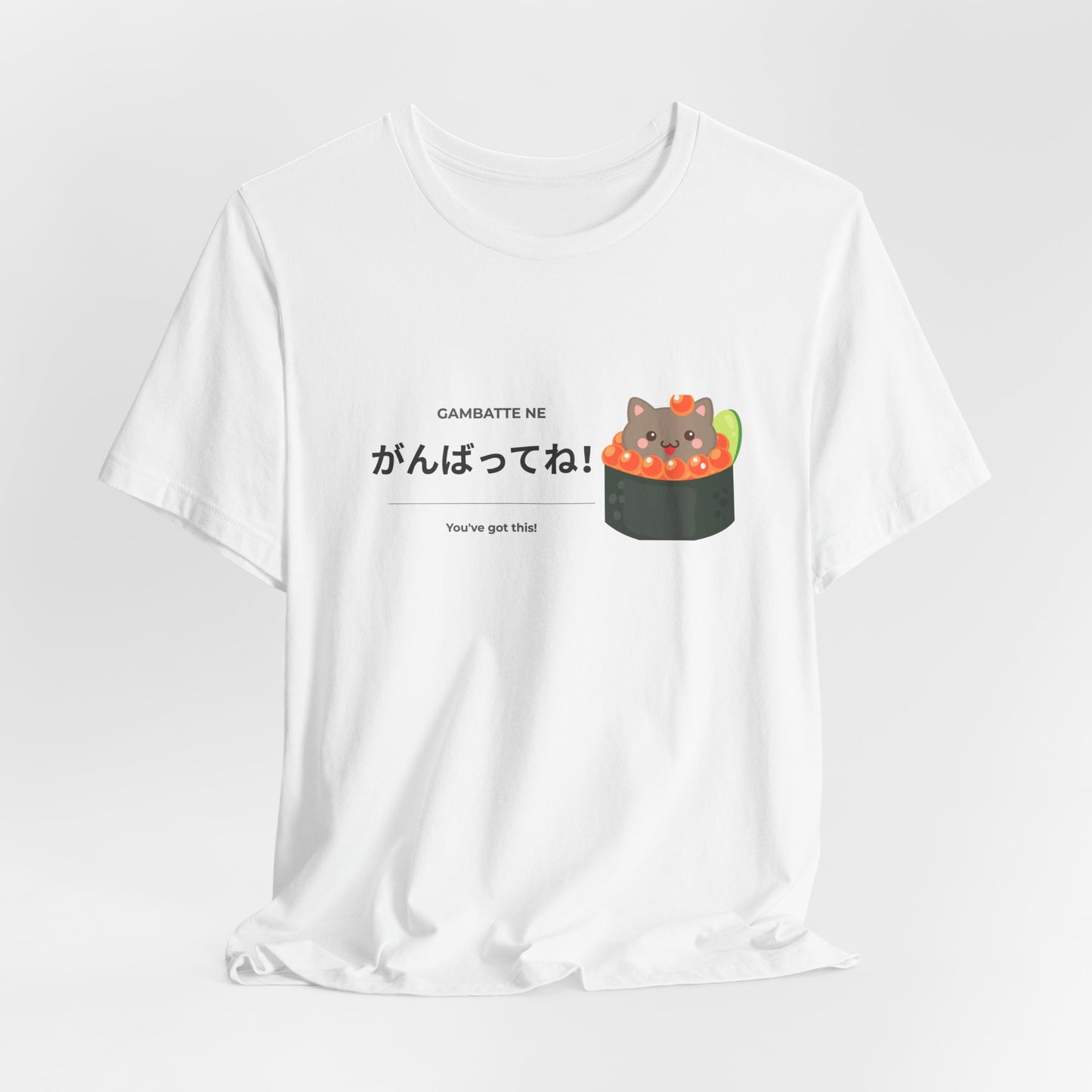 Kawaii Japanese cat sushi tee with がんばってね design — Japanese learner gift — Benkyo Club