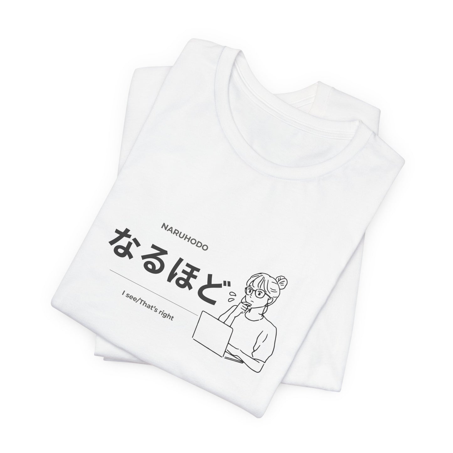 Kawaii Japanese learner tee with なるほど design and illustrated girl at laptop — Benkyo Club