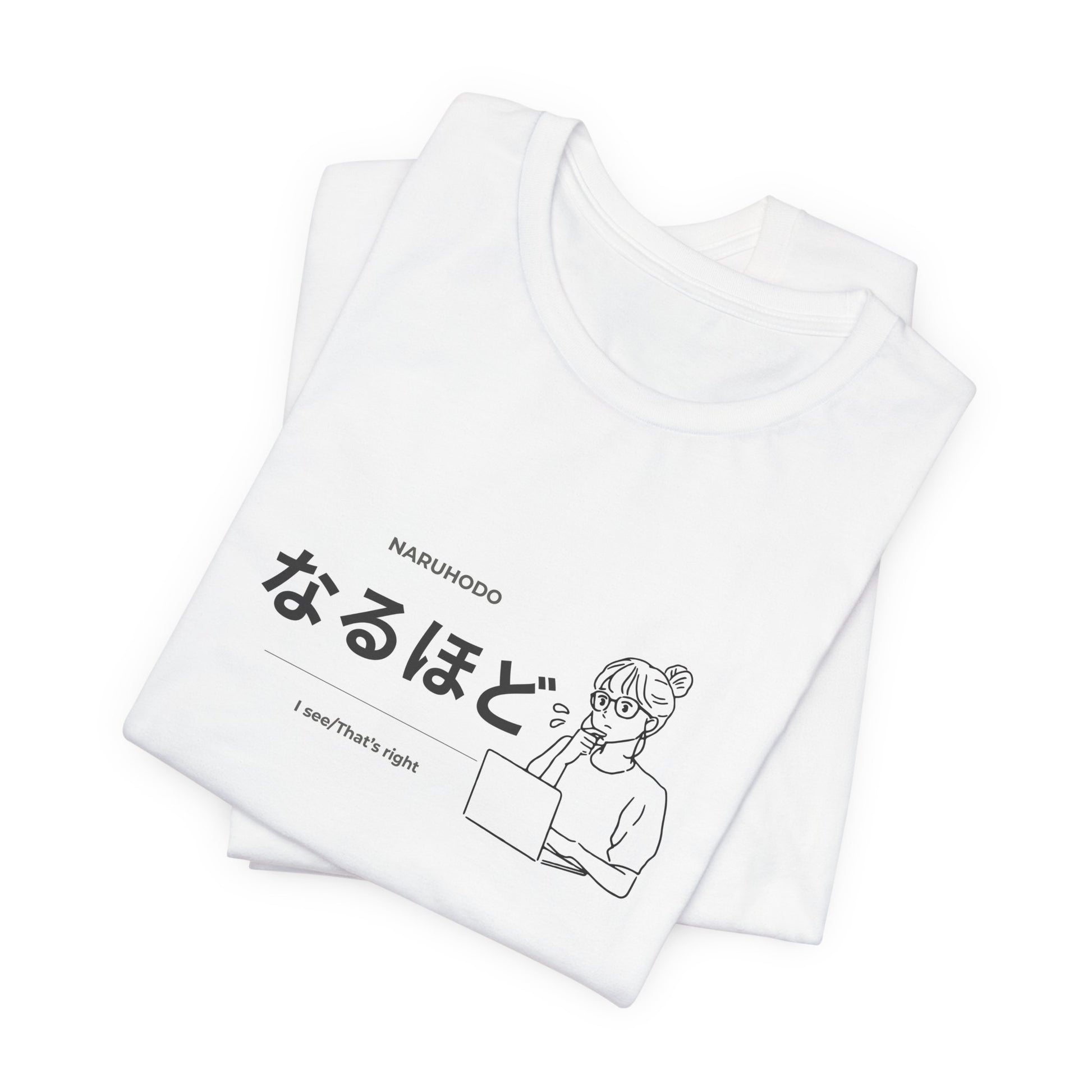 Kawaii Japanese learner tee with なるほど design and illustrated girl at laptop — Benkyo Club