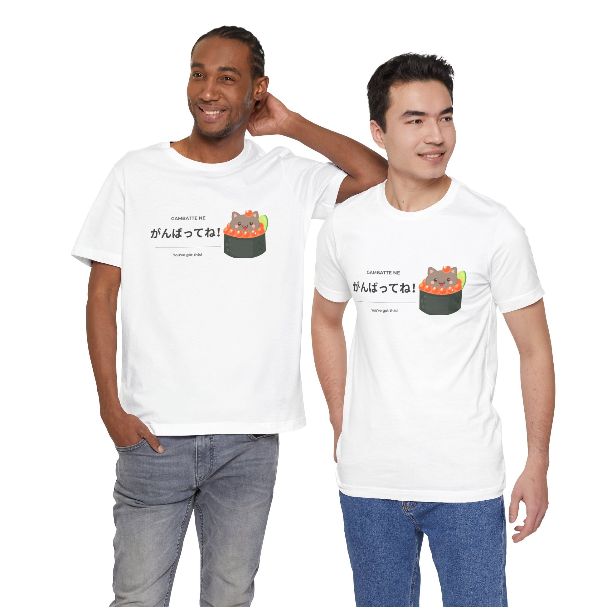 Kawaii Japanese cat sushi tee with がんばってね design — Japanese learner gift — Benkyo Club