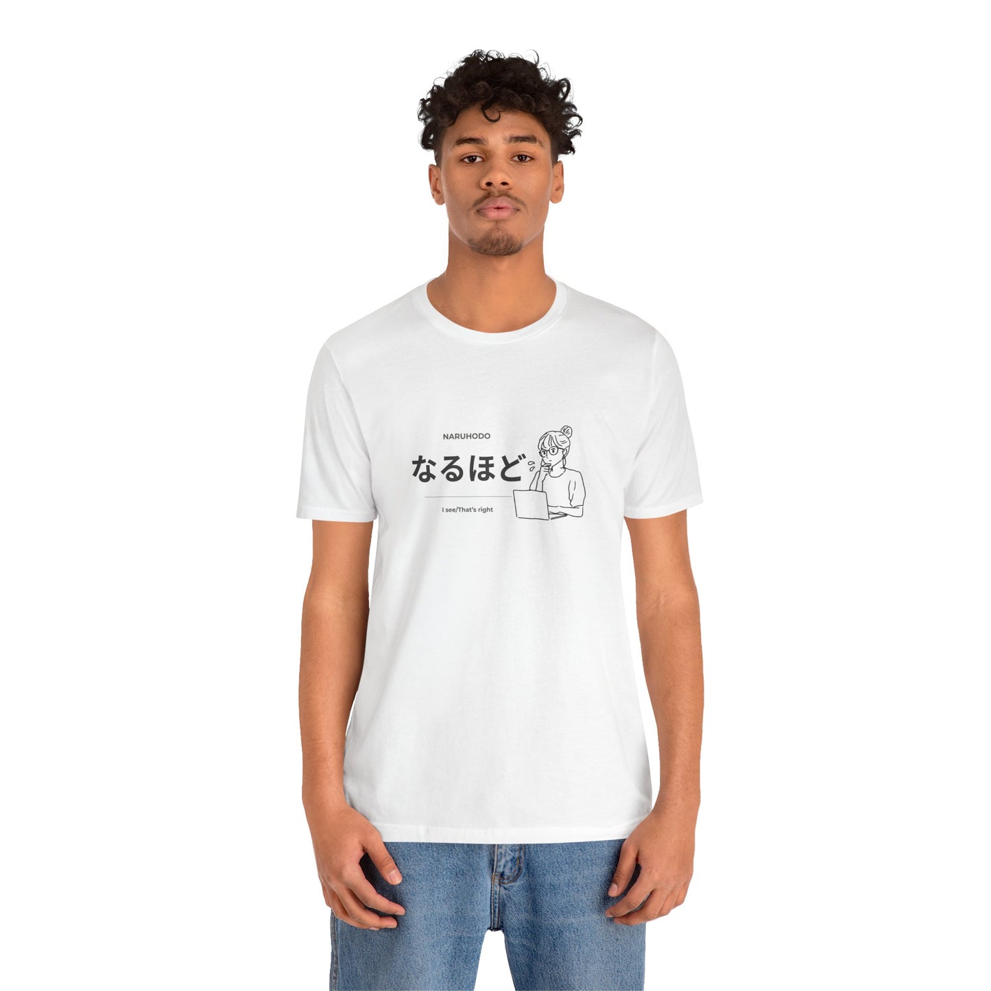 Kawaii Japanese learner tee with なるほど design and illustrated girl at laptop — Benkyo Club