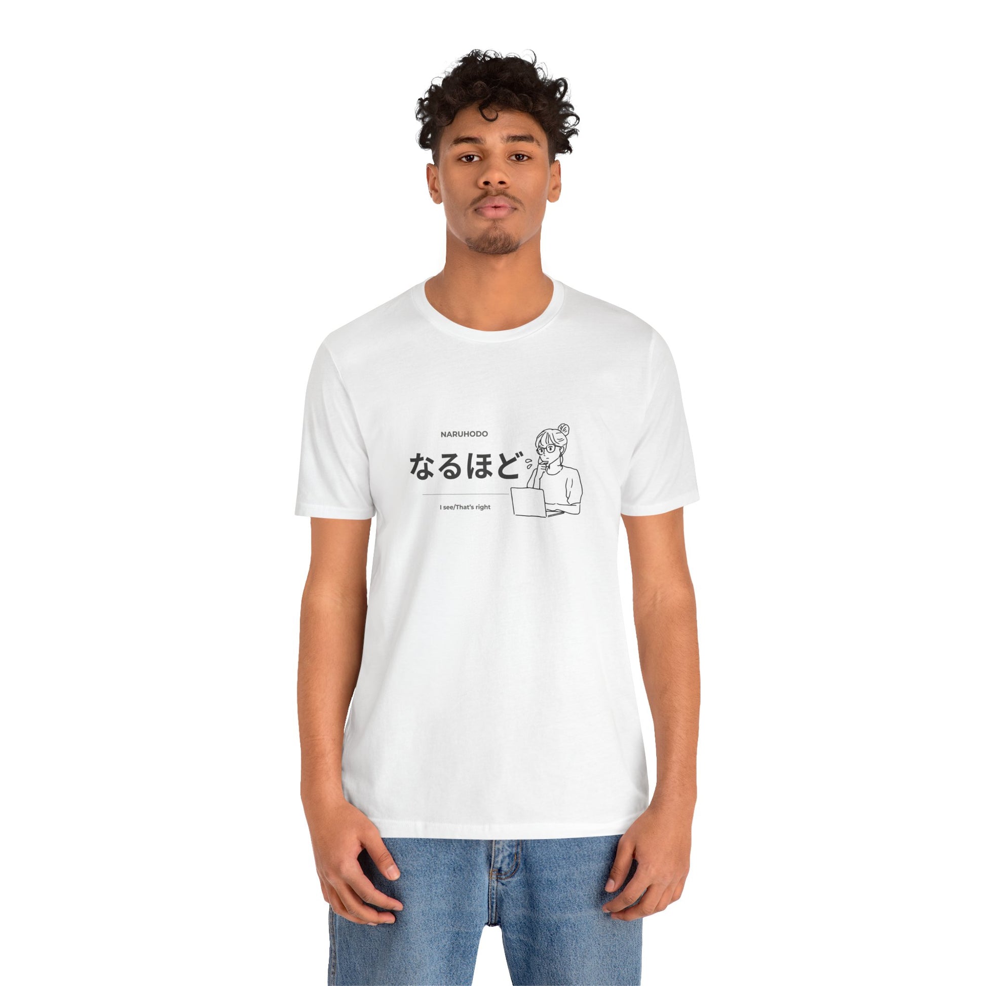 Kawaii Japanese learner tee with なるほど design and illustrated girl at laptop — Benkyo Club