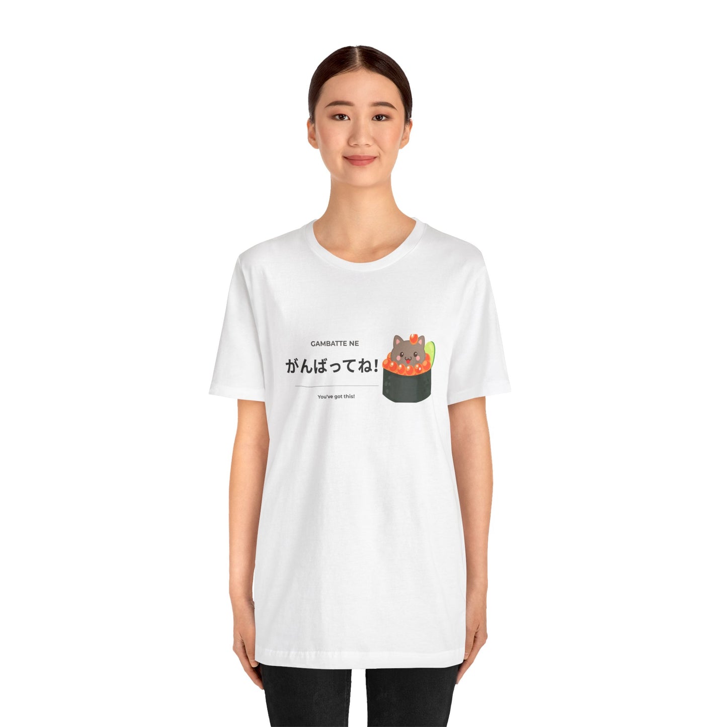 Kawaii Japanese cat sushi tee with がんばってね design — Japanese learner gift — Benkyo Club