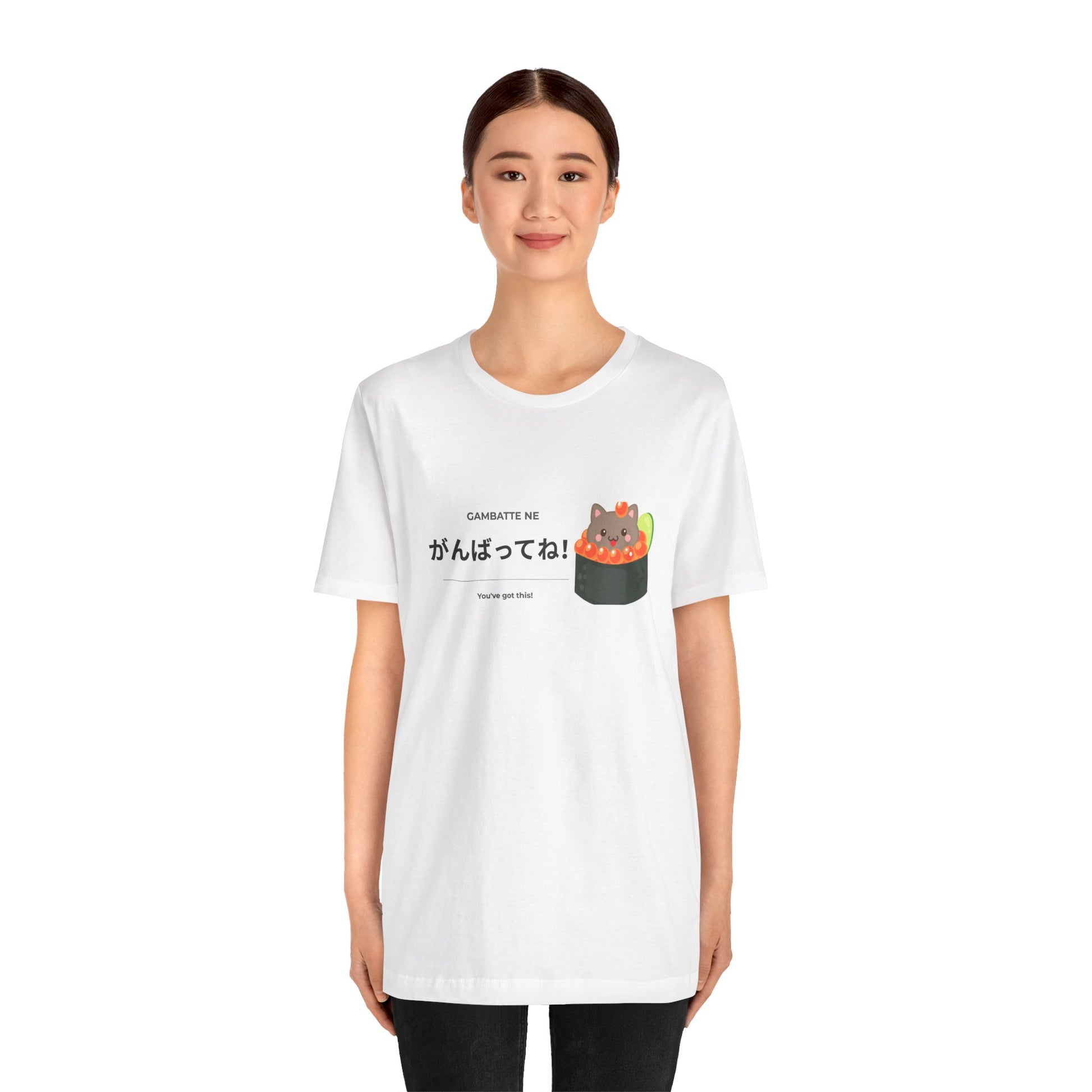 Kawaii Japanese cat sushi tee with がんばってね design — Japanese learner gift — Benkyo Club